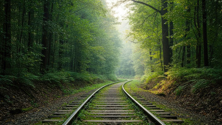 Railway in the green forest. The concept of travel and tourismの素材