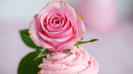 Cupcake with pink roses on a white background, close-upの素材