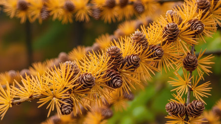 Close up of yellow larch branches with cones in autumn forest.の素材