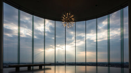 Sunset in the interior of a modern office building with glass walls and large windowsの素材
