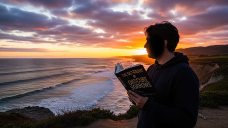 Young man reading the Bible at sunset on the Pacific Coast of Californiaの素材
