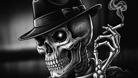 Skull in hat and smoking cigarette on dark background. 3d illustrationの素材