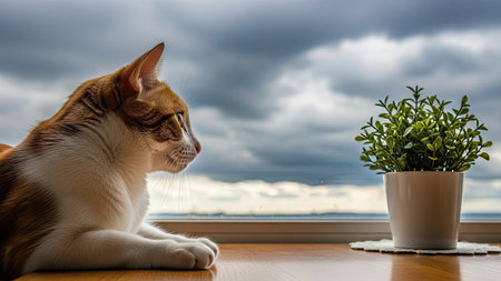 Cat sitting on the windowsill in front of a stormy skyの素材