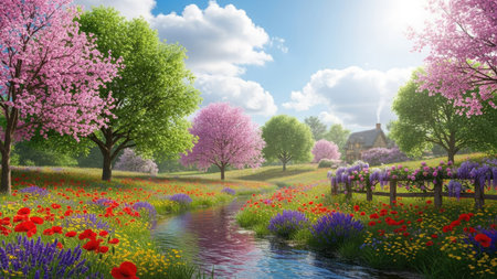 Spring landscape with blossoming trees, river and flowers. 3d renderの素材