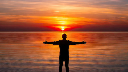 Silhouette of a man on the background of the setting sunの素材