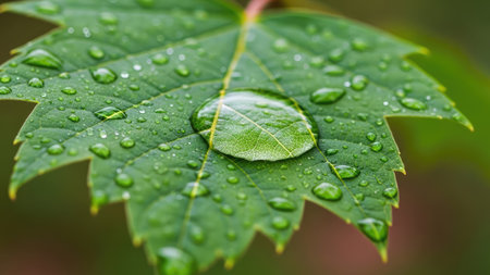 Water drops on a green leaf after rain. Shallow depth of fieldの素材