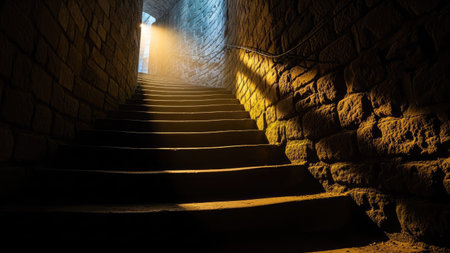 Old stone stairs in the castle, illuminated by the rays of the sunの素材