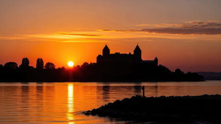 Sunset on Danube River with Montserrat Abbey, Catalonia, Spainの素材