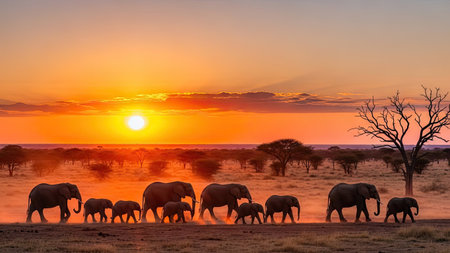 African bush elephant (Loxodonta africana) at sunset in Serengeti National Park, Tanzaniaの素材
