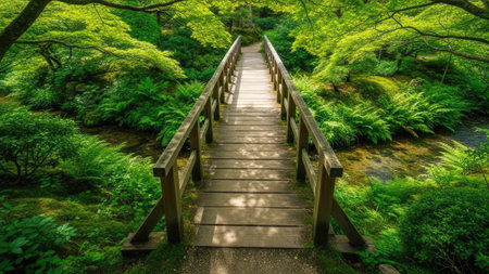 Wooden walkway in the Japanese garden at Kyoto, Japan.の素材