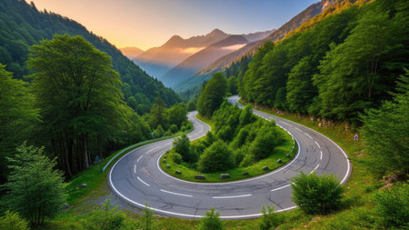 Mountain road in the Alps at sunset. Beautiful summer landscape.の素材