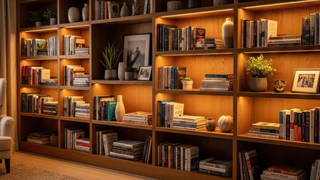 Bookshelf with books in the interior of a modern living roomの素材