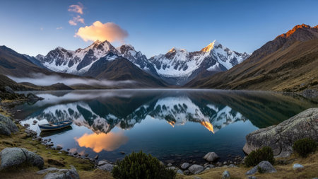 Natural landscape of New Zealand alpine lake and mountain range at sunriseの素材