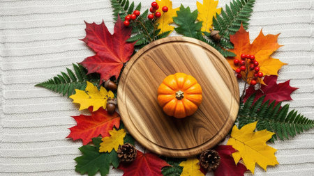 Autumn composition with pumpkins, leaves and berries on white backgroundの素材