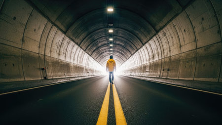 A man walking through a tunnel in the middle of the road.の素材