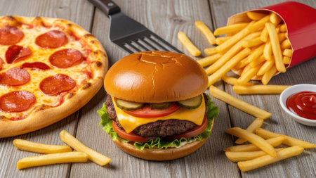 Cheese burger - American cheese burger with Golden French fries on wooden backgroundの素材