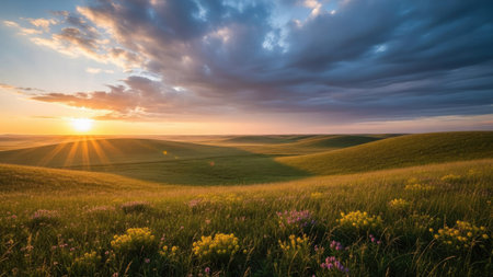Sunset over a field with wildflowers. Spring landscape.の素材
