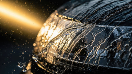 Close-up of water splashing on a black sport car.の素材