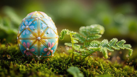 Easter egg on green moss with bokeh background, Happy Easterの素材