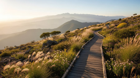 Wooden path leading to the top of the mountain in the morningの素材