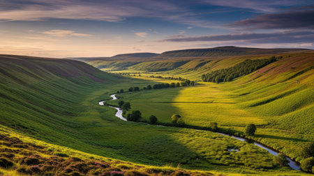 Sunset over the river flowing through a valley in the English countrysideの素材