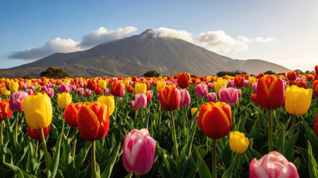 Colorful tulip field in front of Mt. Fuji at sunriseの素材