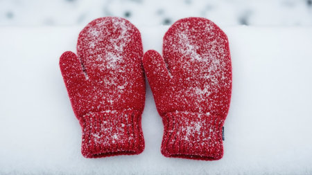 Red mittens on white snow. Winter clothes. Close up.の素材