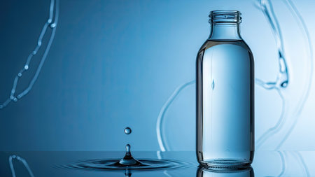 Water drop falling into a glass bottle on blue background. 3d renderingの素材