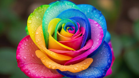 Rain drops on multicolored rose petals, close-upの素材