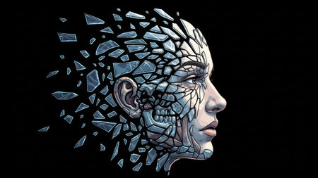 Artificial intelligence concept. 3D rendering of a female robot head made of broken glassの素材