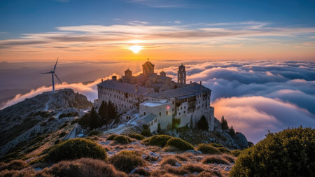 Sunrise over the clouds and the castle of Montserrat, Spainの素材