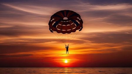 Parachutist in the sea at sunset. 3d renderingの素材