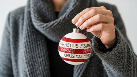 Close-up of woman in grey sweater holding christmas baubleの素材