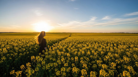 Young woman on the field at sunset. Beautiful landscape with blooming rapeseed field.の素材