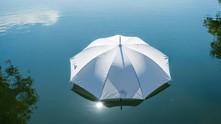 White umbrella on the lake with sun light and reflection in the waterの素材