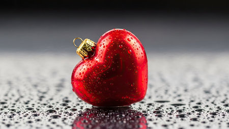 Red heart with a golden ornament on a black background with water dropsの素材