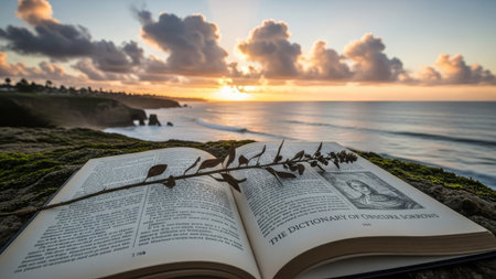 Book on the seashore with a beautiful sunset in the backgroundの素材