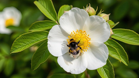 Bumblebee on a white flower of wild rose, Rosa caninaの素材
