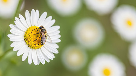 Bee on camomile flower in nature. Shallow depth of fieldの素材