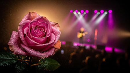 Beautiful pink rose on stage background with stage lights, closeupの素材