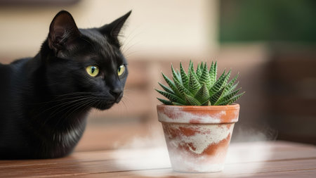 Black cat and cactus in a pot on a wooden table.の素材