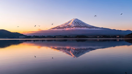 Mt Fuji and Lake Kawaguchiko at sunrise, Japanの素材