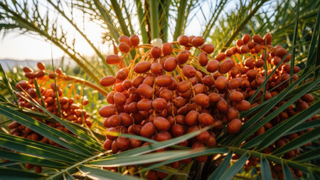 Closeup of red dates fruits growing on a palm tree in Israelの素材
