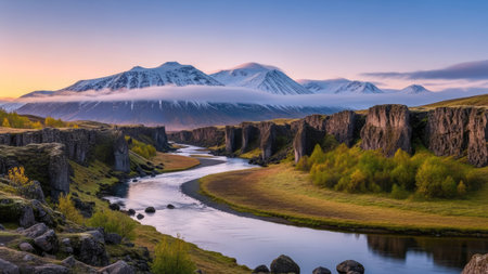 Icelandic landscape with river and mountains at sunrise. Panoramaの素材