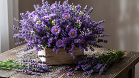 Bouquet of lavender in a wooden box on a wooden tableの素材