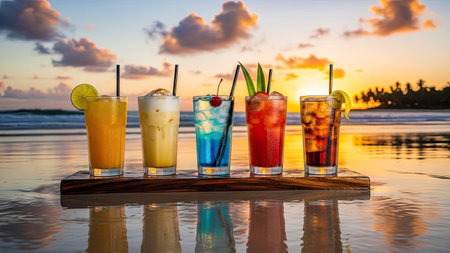 Tropical cocktails on the beach at sunset. Colorful drinks on the beach.の素材