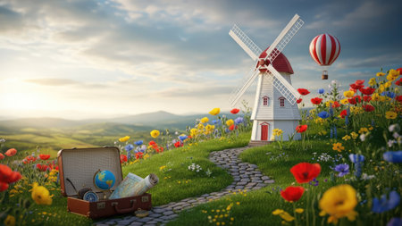 Travel and tourism concept. Windmill, suitcase and globe on meadow with flowersの素材