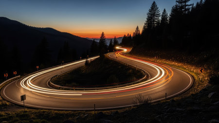 Car light trails on the road at sunset. Long exposure photo.の素材