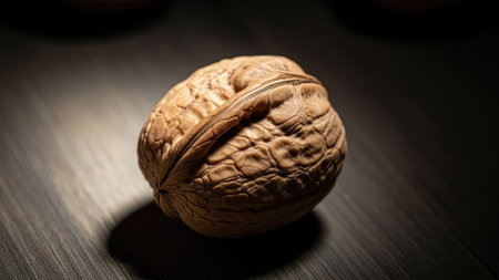 Walnut on a dark wooden background. Selective focus. Toned.の素材
