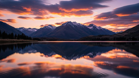 Mountains reflected in the lake at sunset, New Zealand alpsの素材